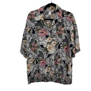 Vintage Ms. Caribou Granny Top Womens Plus 20W Black Lace Floral Polyester